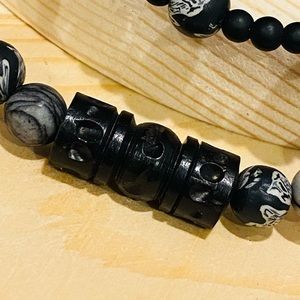 Bracelet- Black Noise, matte beads with wood charm, two piece set 7.5 inches